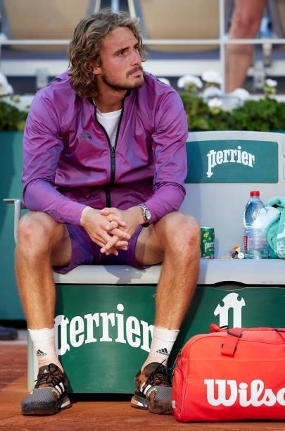 Stefanos Tsitsipas of Greece looks dejected after losing in his Men's Singles Final match against Novak Djokovic of Serbia during day fifteen of the...