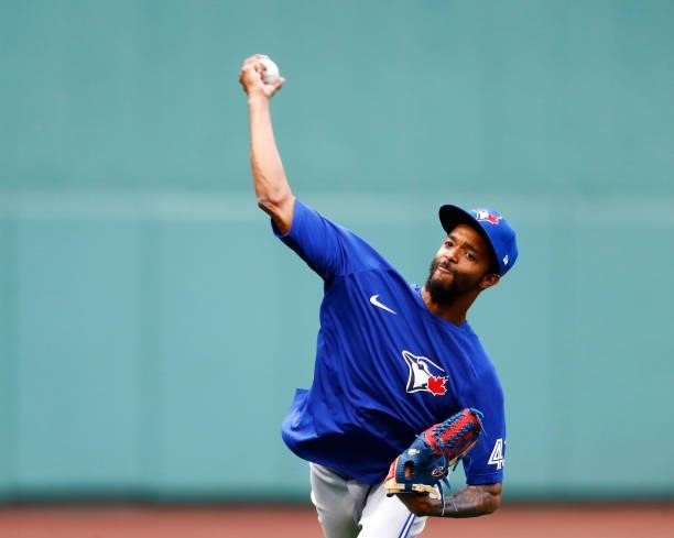 Carl Edwards Jr. #43 of the Toronto Blue Jays warms-up before the game against the Boston Red Sox at Fenway Park on June 11, 2021 in Boston,...