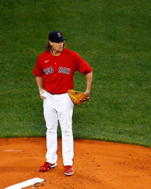 Starting pitcher Garrett Richards of the Boston Red Sox looks on before pitching at the top of the first inning of the game against the Toronto Blue...