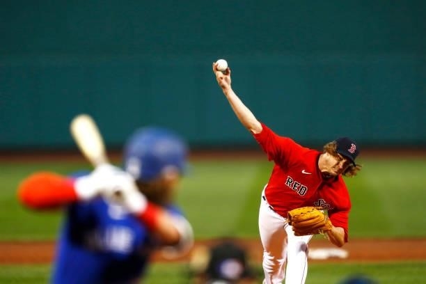 Starting pitcher Garrett Richards of the Boston Red Sox pitches at the top of the second inning of the game against the Toronto Blue Jays at Fenway...