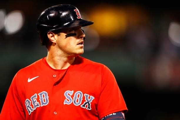 Hunter Renfroe of the Boston Red Sox looks on in the bottom of the fourth inning of the game against the Toronto Blue Jays at Fenway Park on June 11,...