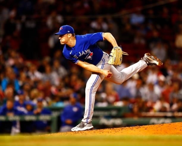 Starting pitcher Ross Stripling of the Toronto Blue Jays pitches in the bottom of the sixth inning of the game against the Boston Red Sox at Fenway...