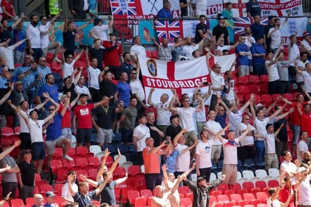 England fans cheer during the UEFA Euro 2020 Championship Group D match between England and Croatia on June 13, 2021 in London, England.