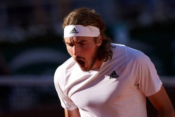 Stefanos Tsitsipas of Greece reacts in his Men's Singles Final match against Novak Djokovic of Serbia during day fifteen of the 2021 French Open at...