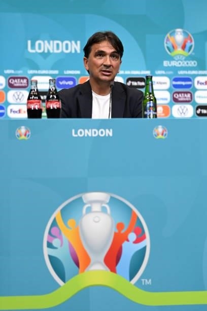 In this Handout picture provided by UEFA, Zlatko Dalic, Head Coach of Croatia speaks to the media during the Croatia press conference after the UEFA...