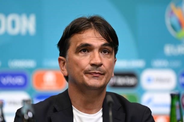 In this Handout picture provided by UEFA, Zlatko Dalic, Head Coach of Croatia speaks to the media during the Croatia press conference after the UEFA...