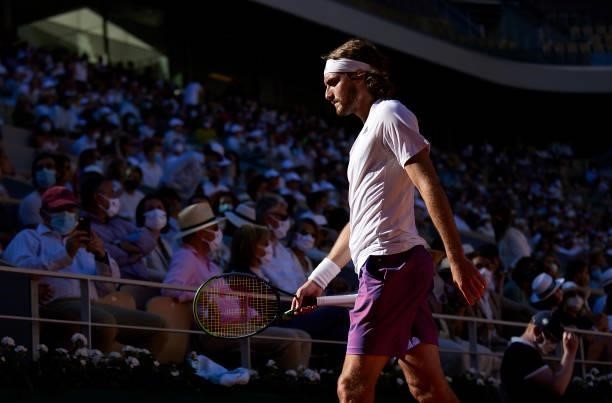 Stefanos Tsitsipas of Greece in his Men's Singles Final match against Novak Djokovic of Serbia during day fifteen of the 2021 French Open at Roland...