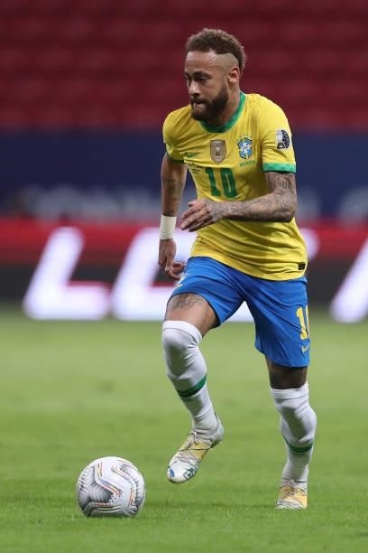 Neymar Jr. Of Brazil controls the ball during a Group B match between Brazil and Venezuela as part of Copa America 2021 at Mane Garrincha Stadium on...