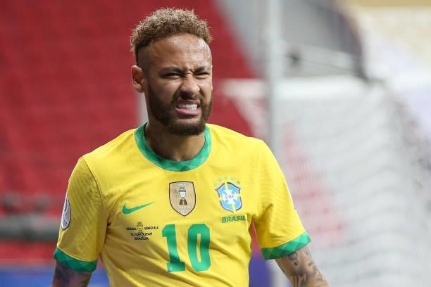 Neymar Jr. Of Brazil reacts during a Group B match between Brazil and Venezuela as part of Copa America 2021 at Mane Garrincha Stadium on June 13,...