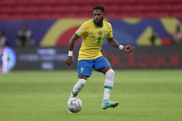 Fred of Brazil controls the ball during a Group B match between Brazil and Venezuela as part of Copa America 2021 at Mane Garrincha Stadium on June...