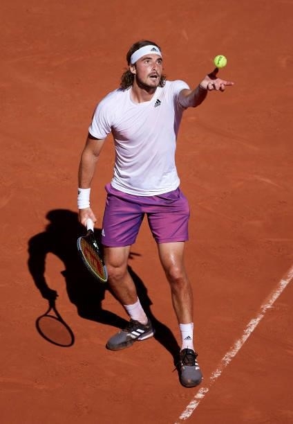 Stefanos Tsitsipas of Greece serves in his Men's Singles Final match against Novak Djokovic of Serbia during day fifteen of the 2021 French Open at...
