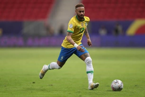 Neymar Jr. Of Brazil runs for the ball during a Group B match between Brazil and Venezuela as part of Copa America 2021 at Mane Garrincha Stadium on...