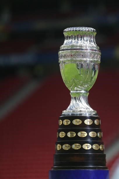 View of the Copa America trophy before a Group B match between Brazil and Venezuela as part of Copa America 2021 at Mane Garrincha Stadium on June...
