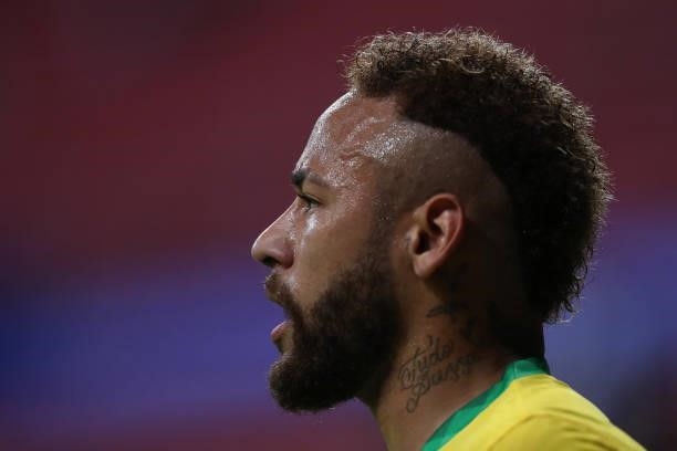 Neymar Jr. Of Brazil looks on during a Group B match between Brazil and Venezuela as part of Copa America 2021 at Mane Garrincha Stadium on June 13,...