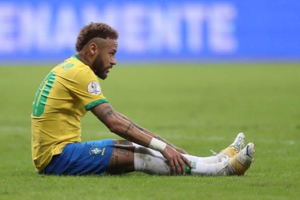Neymar Jr. Of Brazil reacts after missing a chance of goal during a Group B match between Brazil and Venezuela as part of Copa America 2021 at Mane...