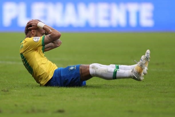 Neymar Jr. Of Brazil reacts after missing a chance of goal during a Group B match between Brazil and Venezuela as part of Copa America 2021 at Mane...