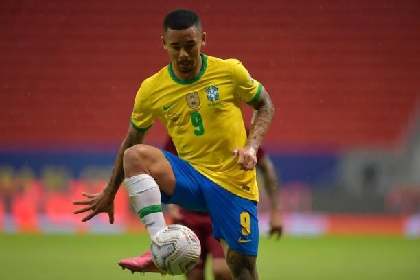 Gabriel Jesus of Brazil controls the ball during a Group B match between Brazil and Venezuela as part of Copa America 2021 at Mane Garrincha Stadium...