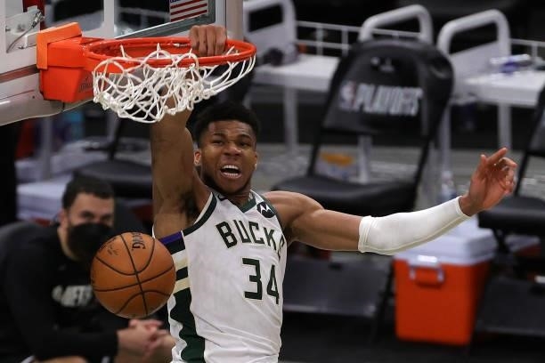 Giannis Antetokounmpo of the Milwaukee Bucks dunks against the Brooklyn Nets during the second half of Game Four of the Eastern Conference second...