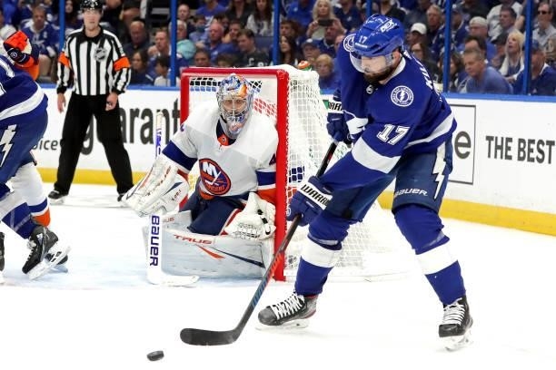 Semyon Varlamov of the New York Islanders tends net against Alex Killorn of the Tampa Bay Lightning during the third period in Game One of the...