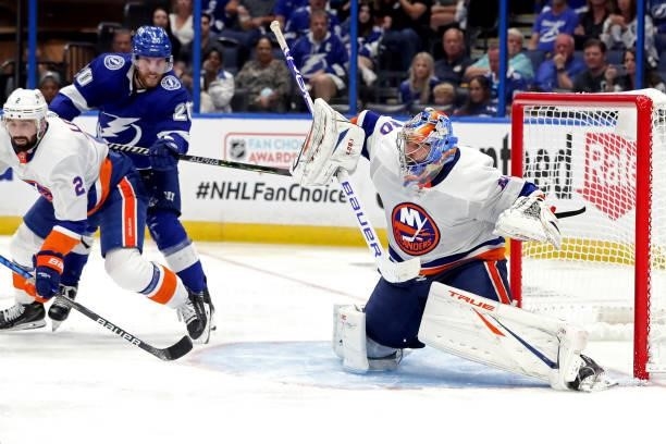 Semyon Varlamov of the New York Islanders tends net against the Tampa Bay Lightning during the third period in Game One of the Stanley Cup Semifinals...