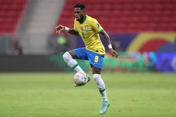 Fred of Brazil controls the ball during a Group B match between Brazil and Venezuela as part of Copa America 2021 at Mane Garrincha Stadium on June...