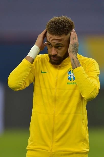 Neymar Jr. Of Brazil gestures before a Group B match between Brazil and Venezuela as part of Copa America 2021 at Mane Garrincha Stadium on June 13,...