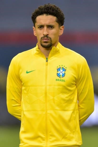 Marquinhos of Brazil looks on before a Group B match between Brazil and Venezuela as part of Copa America 2021 at Mane Garrincha Stadium on June 13,...