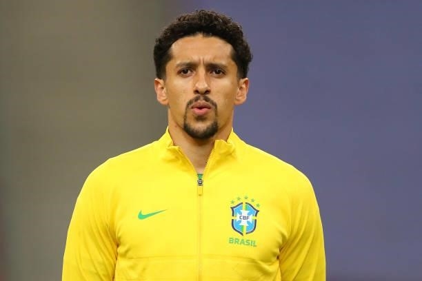 Marquinhos of Brazil sings his national anthem before a Group B match between Brazil and Venezuela as part of Copa America 2021 at Mane Garrincha...