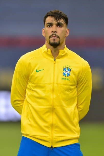 Lucas Paqueta of Brazil looks on before a Group B match between Brazil and Venezuela as part of Copa America 2021 at Mane Garrincha Stadium on June...