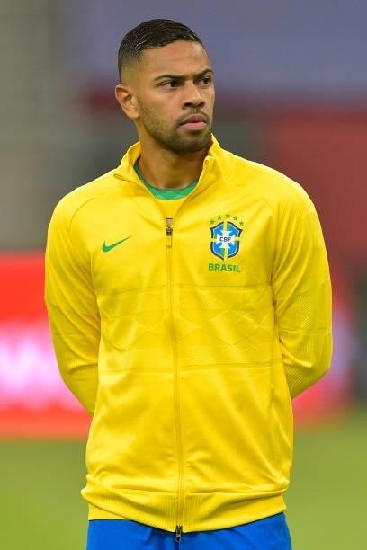 Renan Lodi of Brazil looks on before a Group B match between Brazil and Venezuela as part of Copa America 2021 at Mane Garrincha Stadium on June 13,...