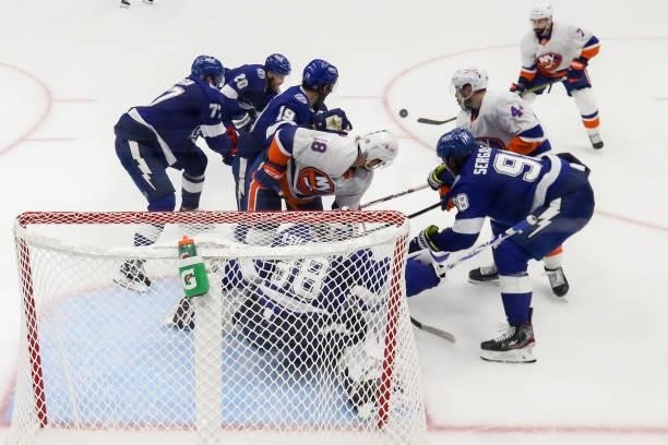 Andrei Vasilevskiy of the Tampa Bay Lightning tends net against the New York Islanders during the second period in Game One of the Stanley Cup...