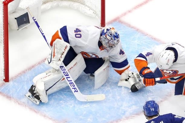 Semyon Varlamov of the New York Islanders makes the save against the Tampa Bay Lightning during the second period in Game One of the Stanley Cup...