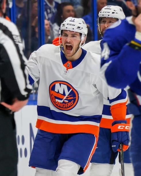 Mathew Barzal of the New York Islanders celebrates after scoring a goal against the Tampa Bay Lightning during the second period in Game One of the...