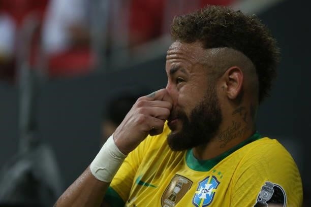 Neymar Jr. Of Brazil gestures during a Group B match between Brazil and Venezuela as part of Copa America 2021 at Mane Garrincha Stadium on June 13,...