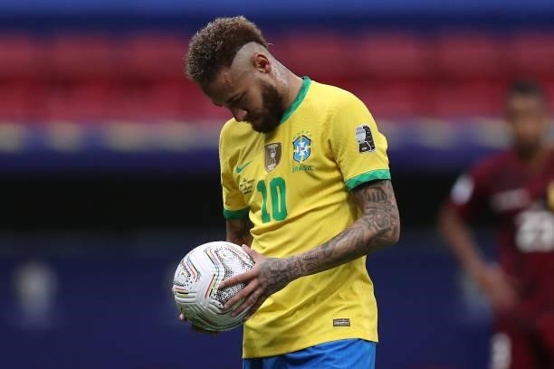 Neymar Jr. Of Brazil prepares to kick a penalty during a Group B match between Brazil and Venezuela as part of Copa America 2021 at Mane Garrincha...