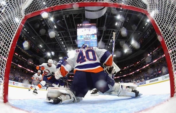 Semyon Varlamov of the New York Islanders tends net against the New York Islanders in Game One of the Stanley Cup Semifinals during the 2021 Stanley...