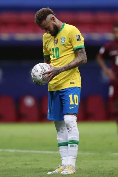 Neymar Jr. Of Brazil looks at the ball prior to a penalty kick during a Group B match between Brazil and Venezuela as part of Copa America 2021 at...