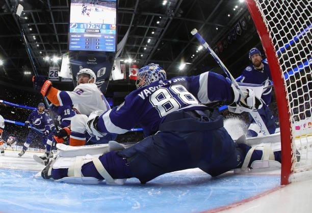 Andrei Vasilevskiy of the Tampa Bay Lightning makes the save on Josh Bailey of the New York Islanders in Game One of the Stanley Cup Semifinals...