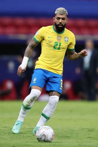 Gabriel Barbosa of Brazil looks at the ball during a Group B match between Brazil and Venezuela as part of Copa America 2021 at Mane Garrincha...