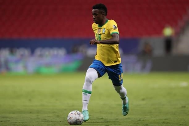 Vinicius Junior of Brazil controls the ball during a Group B match between Brazil and Venezuela as part of Copa America 2021 at Mane Garrincha...