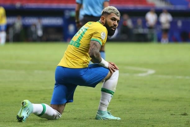 Gabriel Barbosa of Brazil celebrates after scoring the third goal of his team during a Group B match between Brazil and Venezuela as part of Copa...