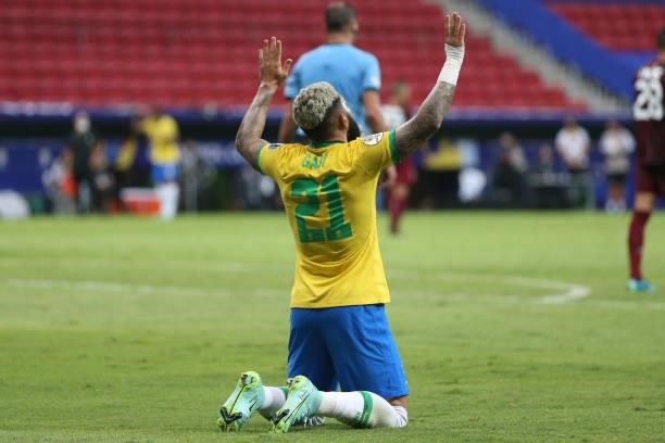 Gabriel Barbosa of Brazil celebrates after scoring the third goal of his team during a Group B match between Brazil and Venezuela as part of Copa...