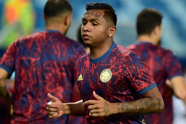 Alfredo Morelos of Colombia warms up before a Group B match between Ecuador and Colombia at Arena Pantanal on June 13, 2021 in Cuiaba, Brazil.