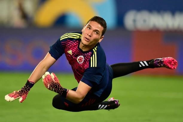 Aldair Quintana goalkeeper of Colombia warms up before a Group B match between Ecuador and Colombia at Arena Pantanal on June 13, 2021 in Cuiaba,...