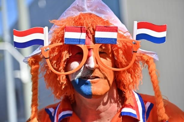 Fan of Netherlands reacts prior the UEFA Euro 2020 Championship Group C match between Netherlands and Ukraine on June 13, 2021 in Amsterdam,...