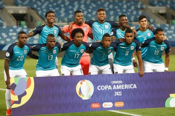 Players of Ecuador pose before a Group B match between Ecuador and Colombia at Arena Pantanal on June 13, 2021 in Cuiaba, Brazil.