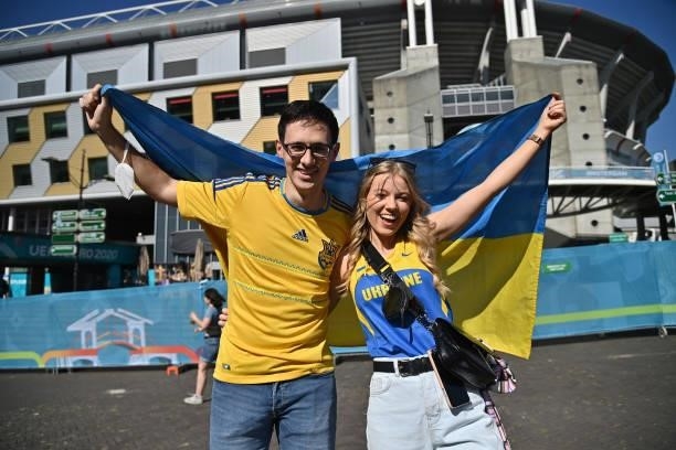 Fans of Ukraine react prior the UEFA Euro 2020 Championship Group C match between Netherlands and Ukraine on June 13, 2021 in Amsterdam, Netherlands.