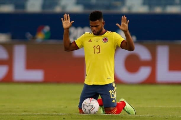 Miguel Borja of Colombia prays before a Group B match between Ecuador and Colombia at Arena Pantanal on June 13, 2021 in Cuiaba, Brazil.