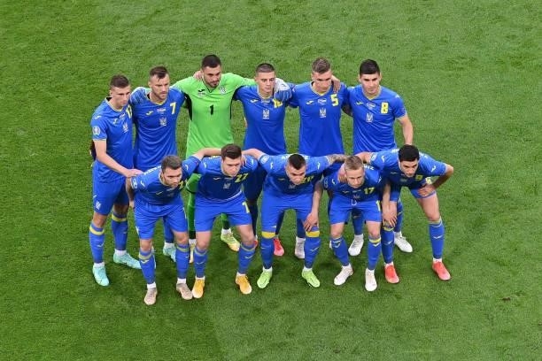 Players of Ukraine pose for a team photograph prior to the UEFA Euro 2020 Championship Group C match between Netherlands and Ukraine on June 13, 2021...