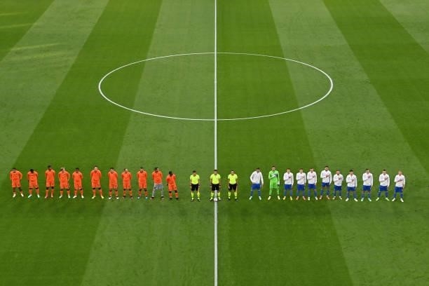 Line-up prior to the UEFA Euro 2020 Championship Group C match between Netherlands and Ukraine on June 13, 2021 in Amsterdam, Netherlands.